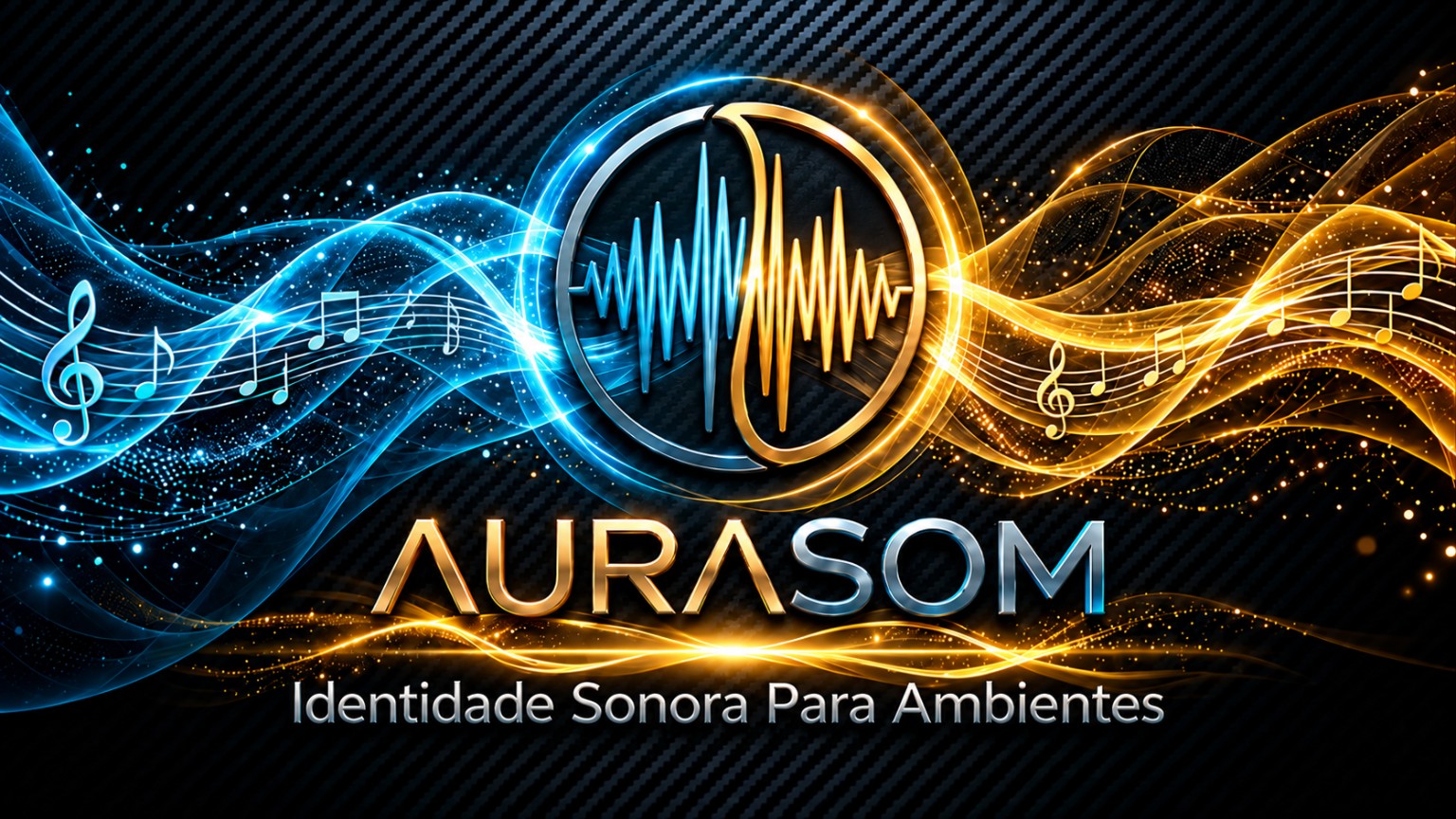 Identidade Aura Som: ondas sonoras azuis e douradas em torno de um círculo musical